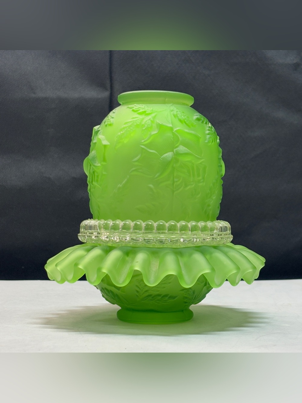 Fenton for L.G. Wright Embossed Roses green satin glass fairy lamp